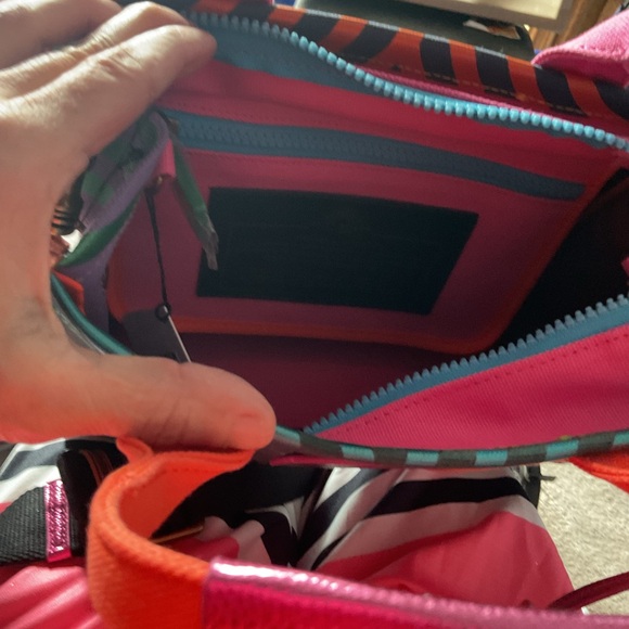 NWT Kurt Geiger Southbank Teal & Pink Patterned Canvas Tote with Orange Handles - Picture 8 of 11